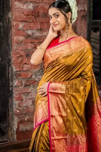 brown hand woven silk blend zari work all seasons sarees