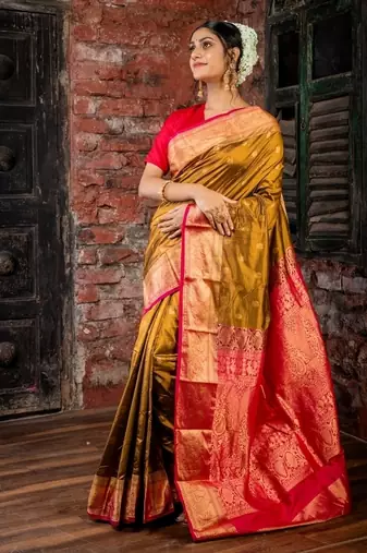 brown hand woven silk blend zari work all seasons sarees