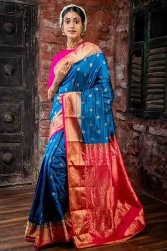 blue hand woven silk blend zari work all seasons sarees