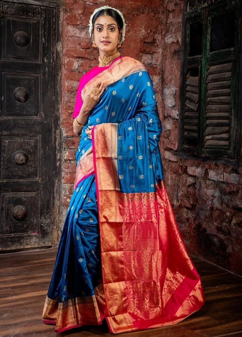 blue hand woven silk blend zari work all seasons sarees