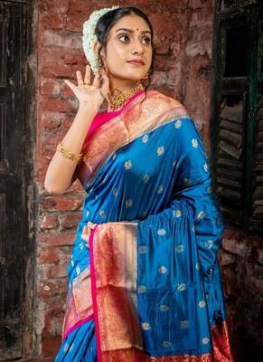 blue hand woven silk blend zari work all seasons sarees 2