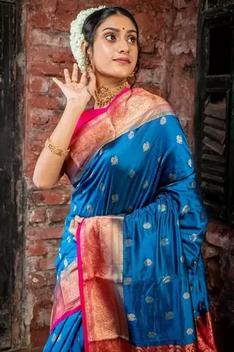 blue hand woven silk blend zari work all seasons sarees