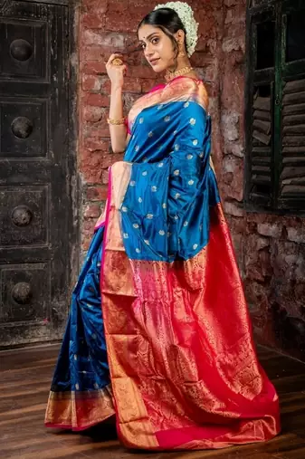 blue hand woven silk blend zari work all seasons sarees