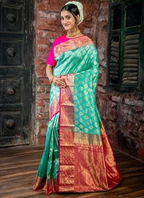 green hand woven silk blend zari work all seasons sarees 1