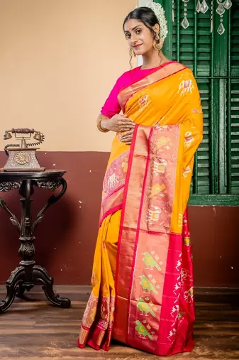 yellow hand woven silk blend zari work all seasons sarees