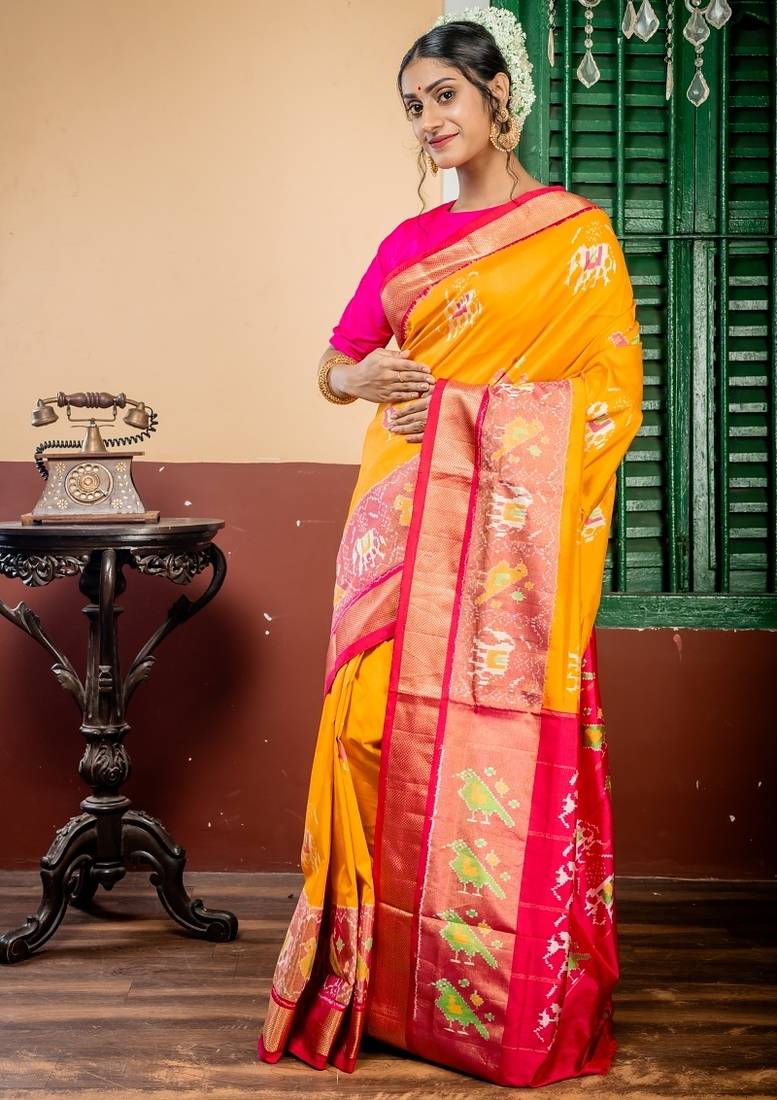 yellow hand woven silk blend zari work all seasons sarees