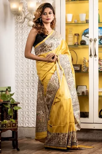 yellow woven tussar silk blend bengal handloom all seasons sarees