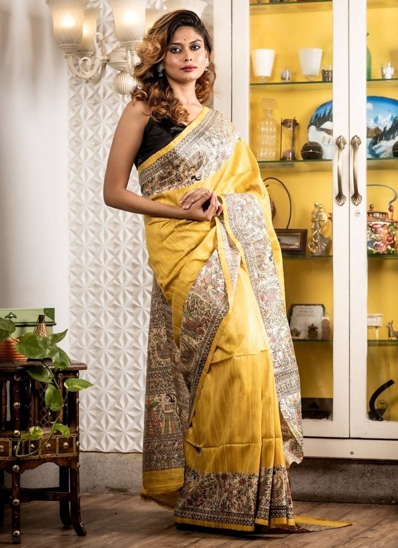 yellow woven tussar silk blend bengal handloom all seasons sarees
