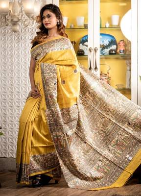 yellow woven tussar silk blend bengal handloom all seasons sarees 3