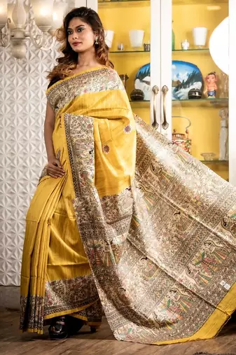 yellow woven tussar silk blend bengal handloom all seasons sarees