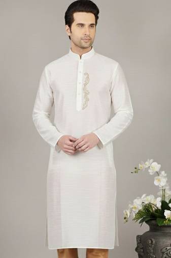 White embroidered dupion silk kurta