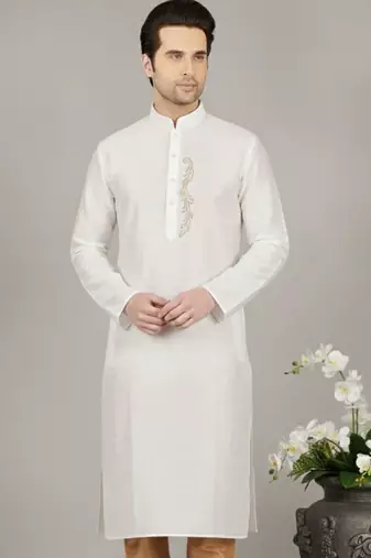 White embroidered dupion silk kurta