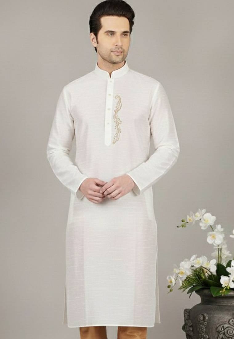 White embroidered dupion silk kurta