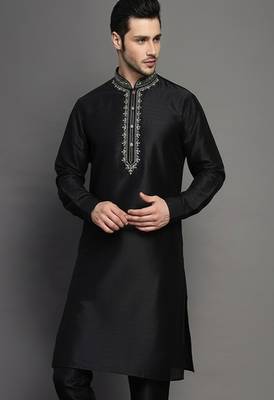 Black embroidered dupion silk kurta 1