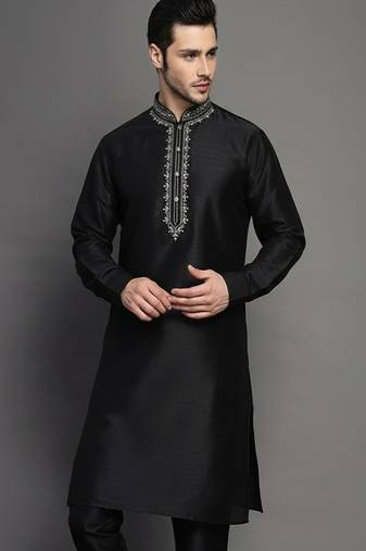 Black embroidered dupion silk kurta