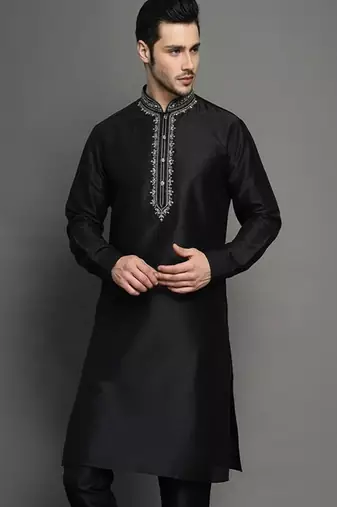 Black embroidered dupion silk kurta
