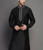 Black embroidered dupion silk kurta