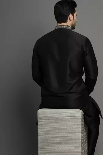 Black embroidered dupion silk kurta