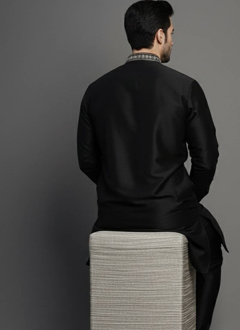 Black embroidered dupion silk kurta