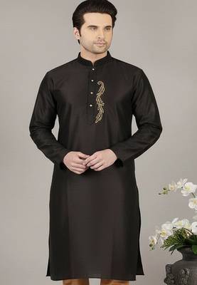 Black embroidered dupion silk kurta 1