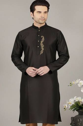 Black embroidered dupion silk kurta