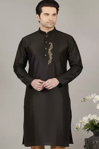 Black embroidered dupion silk kurta