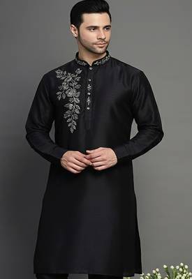 Black embroidered dupion silk kurta 1