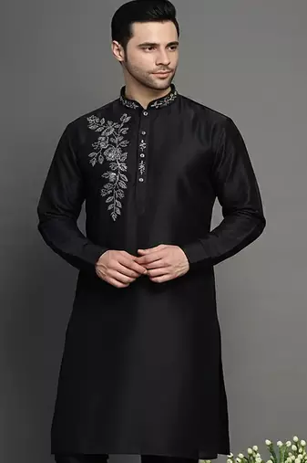 Black embroidered dupion silk kurta