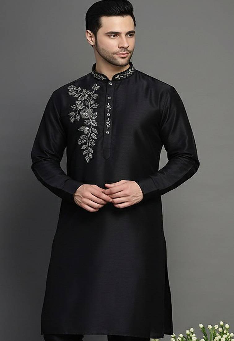 Black embroidered dupion silk kurta