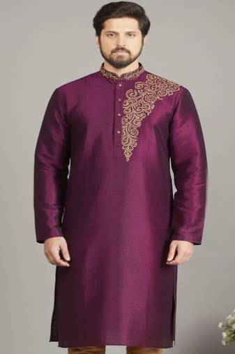 Magenta embroidered dupion silk kurta