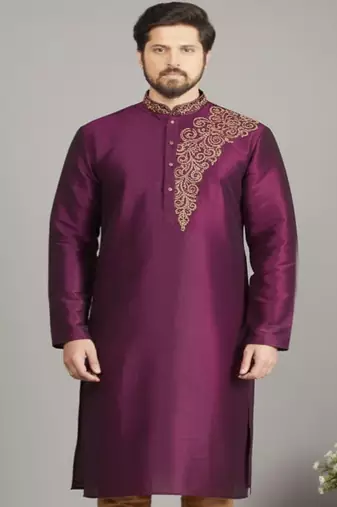 Magenta embroidered dupion silk kurta