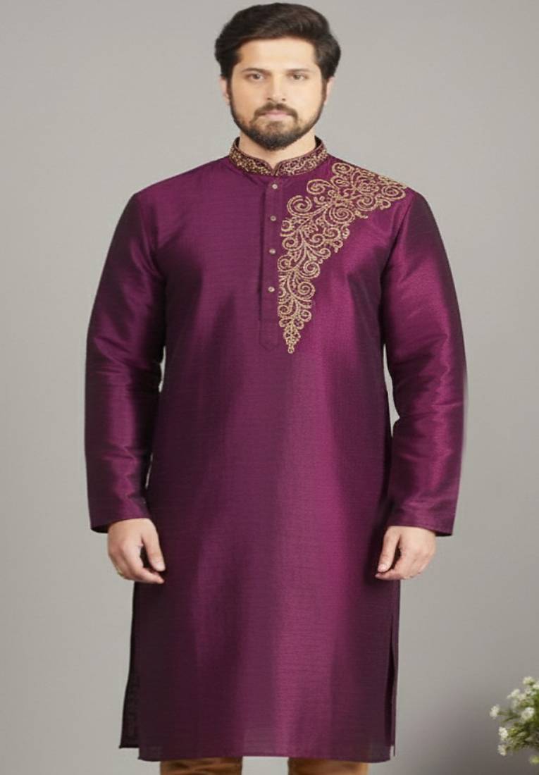 Magenta embroidered dupion silk kurta