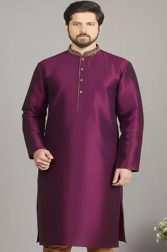 Magenta embroidered dupion silk kurta