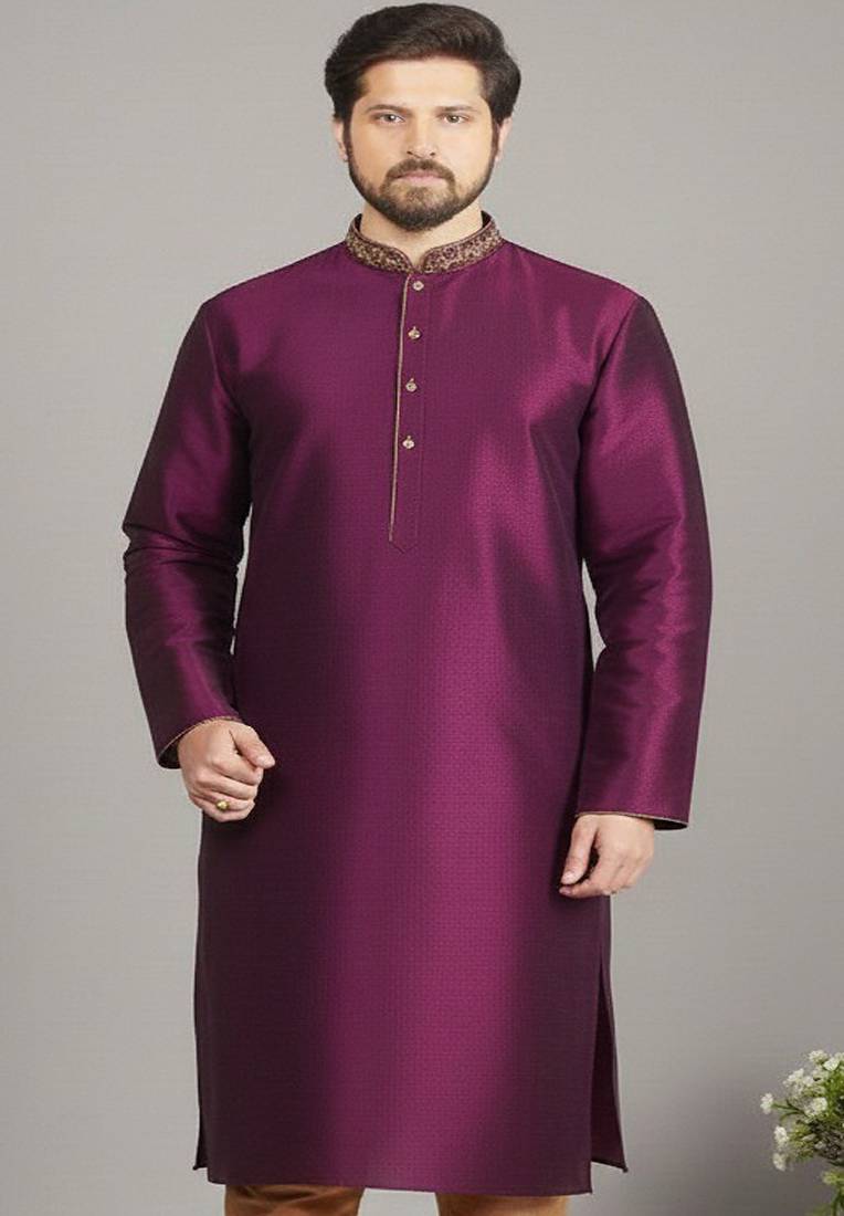 Magenta embroidered dupion silk kurta