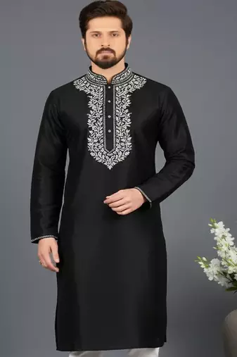 Black embroidered dupion silk kurta