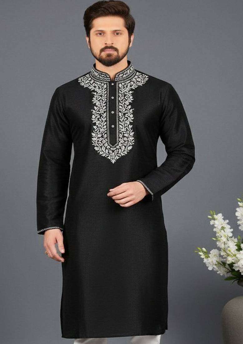 Black embroidered dupion silk kurta