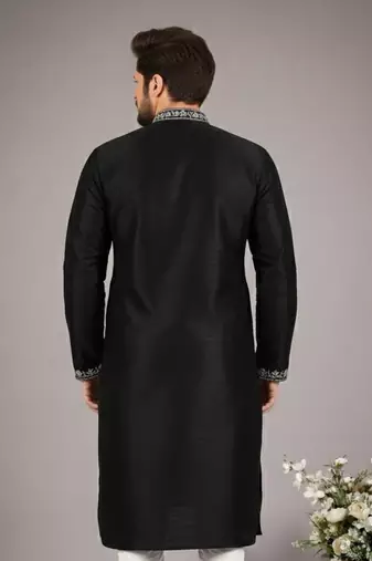 Black embroidered dupion silk kurta