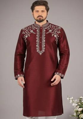 Maroon embroidered dupion silk kurta 1