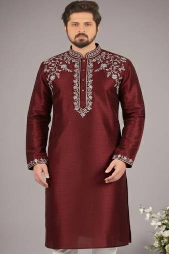 Maroon embroidered dupion silk kurta