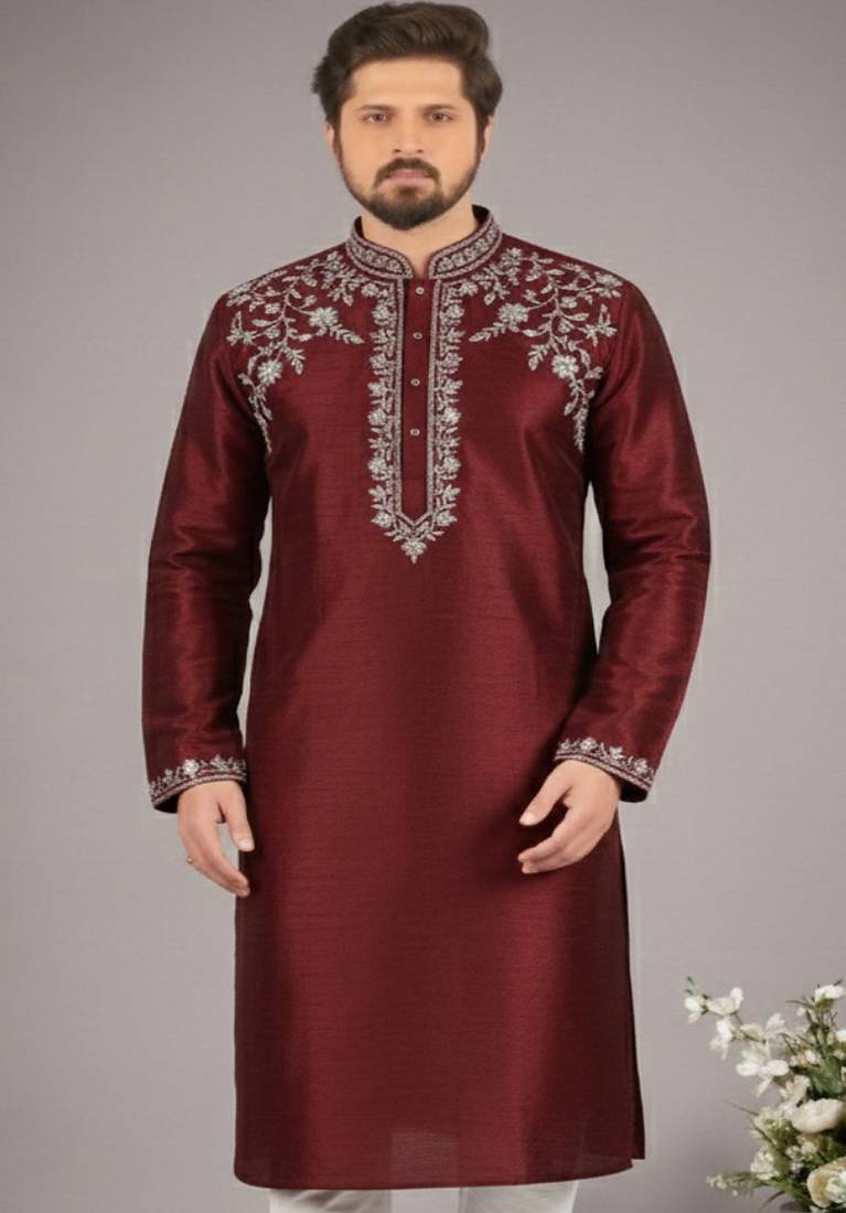 Maroon embroidered dupion silk kurta