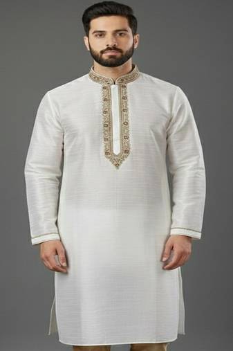 White embroidered dupion silk kurta