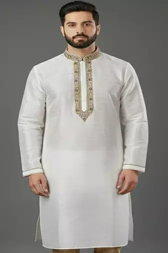 White  embroidered dupion silk kurta