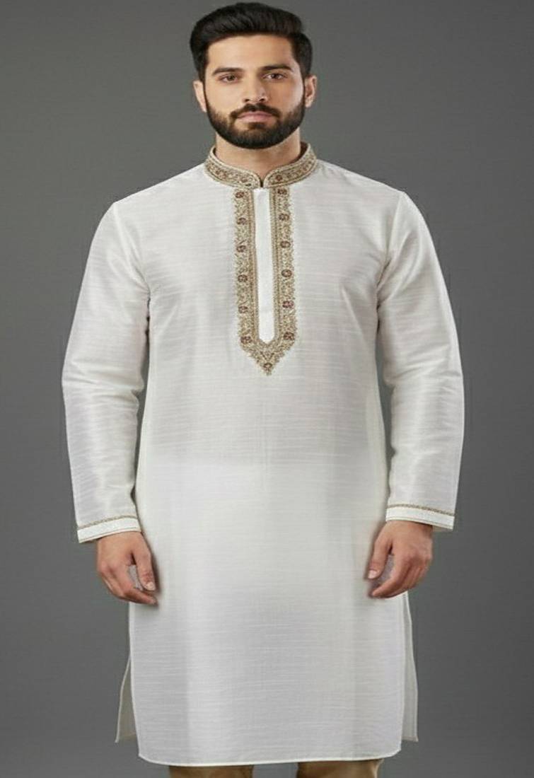 White  embroidered dupion silk kurta