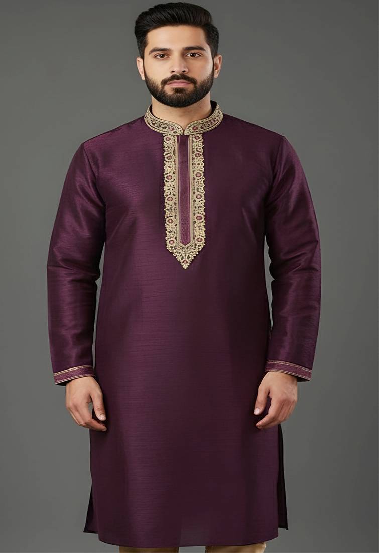 Purple embroidered dupion silk kurta
