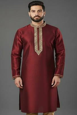 Maroon embroidered dupion silk kurta 1