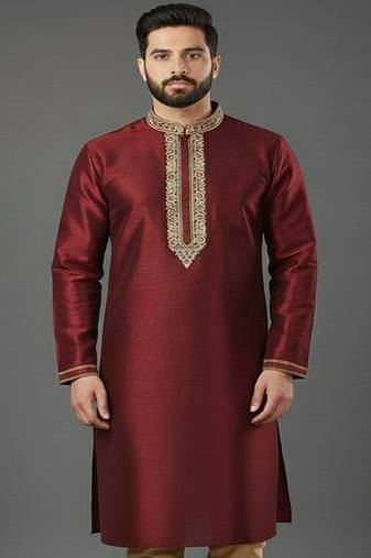 Maroon embroidered dupion silk kurta