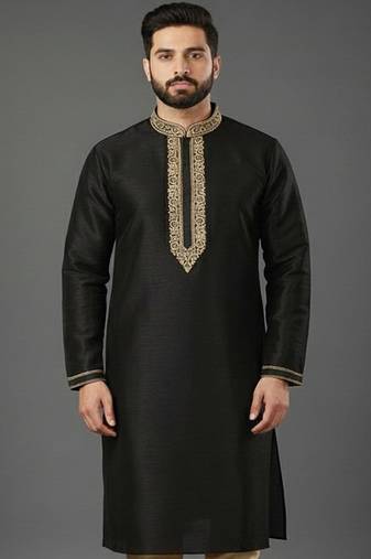 Black embroidered dupion silk kurta