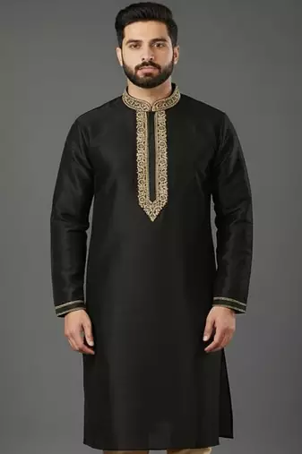 Black embroidered dupion silk kurta