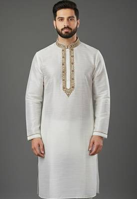 White embroidered dupion silk kurta 1
