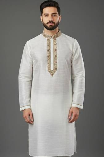 White embroidered dupion silk kurta